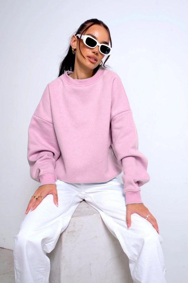 Bisiklet Yaka İçi Polar Pembe Unisex Oversize Sweatshirt