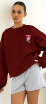 Kadın Oversize Sweatshirt Piglet Hugs Baskılı Bordo – Bisiklet Yaka, 3 İplik Şardonlu Polar