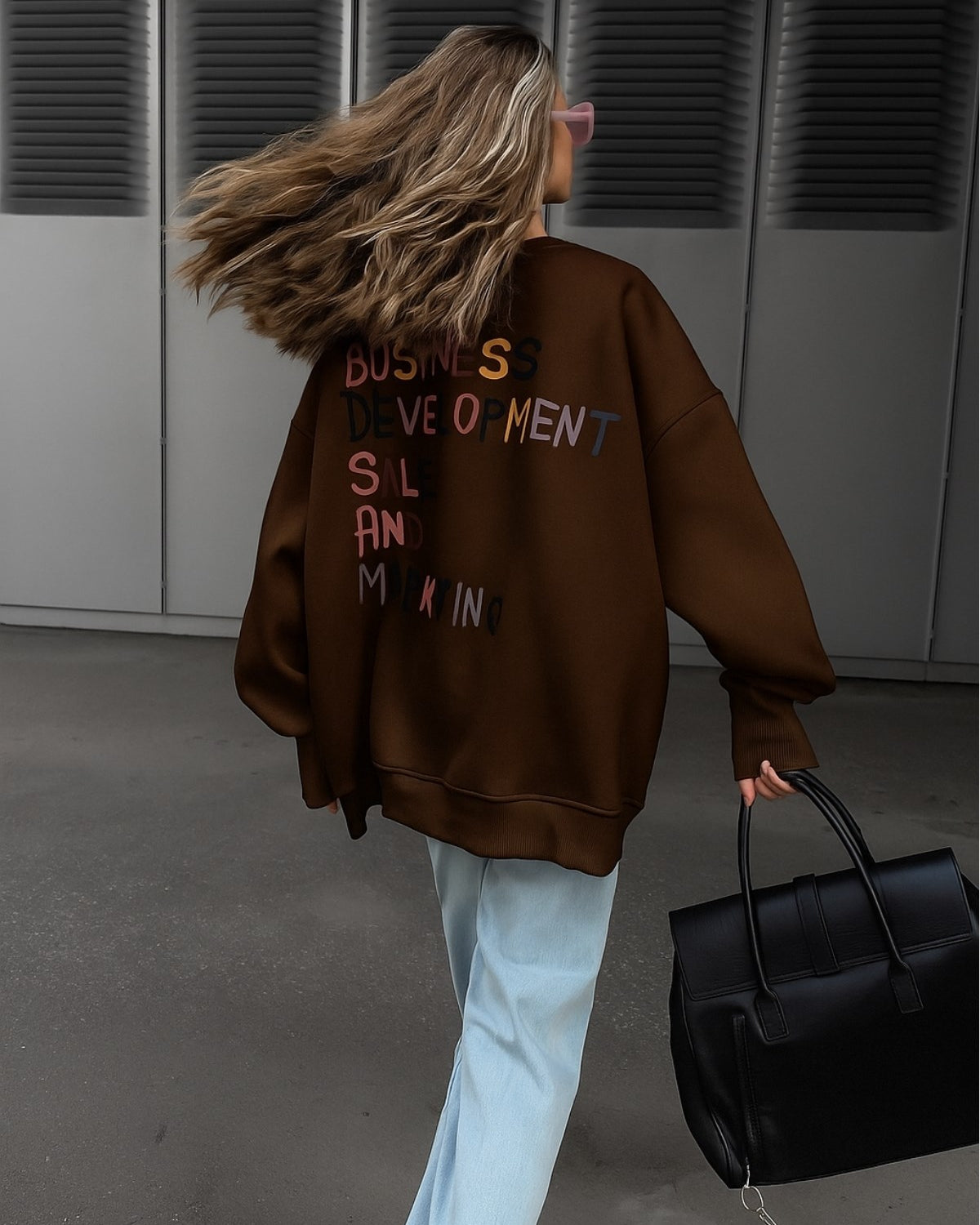 Kadın Oversize Sweatshirt Elbise Color Pop Baskılı Kahverengi – Bisiklet Yaka,3 İplik Şardonlu Polar