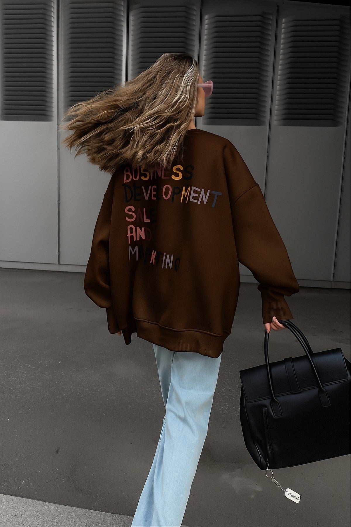 Kadın Oversize Sweatshirt Elbise Color Pop Baskılı Kahverengi – Bisiklet Yaka,3 İplik Şardonlu Polar