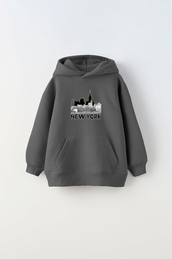 Kapüşonlu İçi Polar New York Yazı Baskılı Siyah Unisex Çocuk Hoodie Sweatshirt