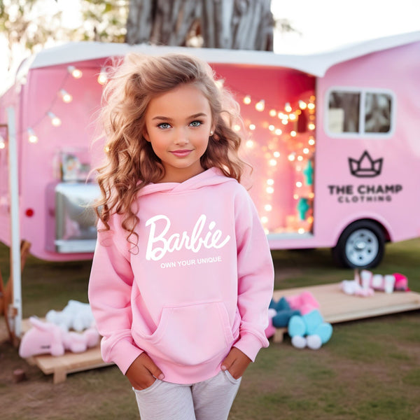 Kapüşonlu İçi Polar Barbie Own Your Unique Yazı Baskılı Pembe Unisex Hoodie Çocuk Sweatshirt