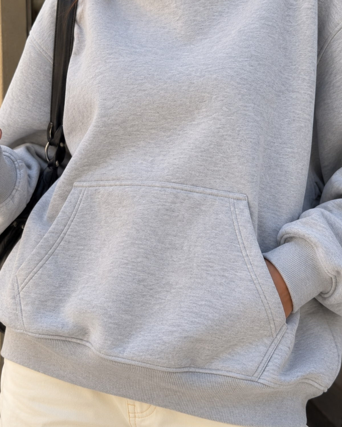 Kadın Oversize Hoodie Cry First Baskılı Gri Melanj – Kapüşonlu, Kanguru Cepli, Düşük Omuz