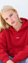 Kadın Oversize Hoodie Amore Baskılı Kırmızı – Kapüşonlu, Kanguru Cepli, 3 İplik Şardonlu Polar