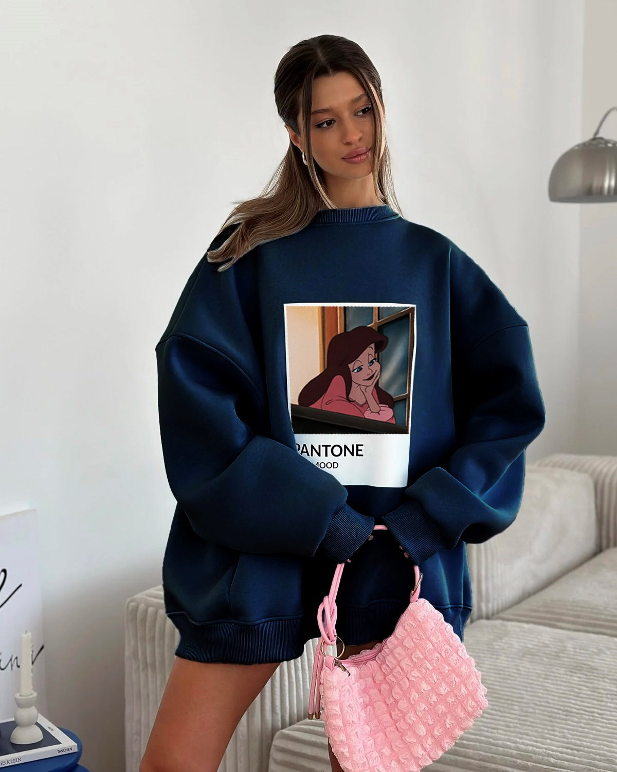 Kadın Oversize Sweat Elbise Lacivert – 3 İplik Şardonlu , Bisiklet Yaka, Pantone - prenses baskılı