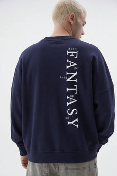 Erkek Oversize Sweatshirt Fantasy Back Baskılı Lacivert– Bisiklet Yaka, 3 İplik Şardonlu Polar