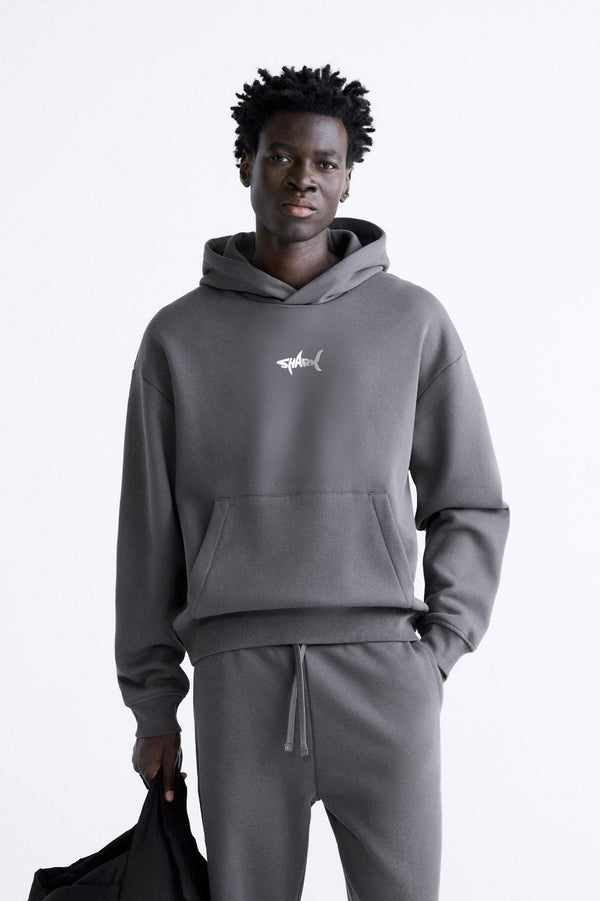 Kapüşonlu İçi Polar Shark Baskılı Füme Oversize Hoodie Sweatshirt