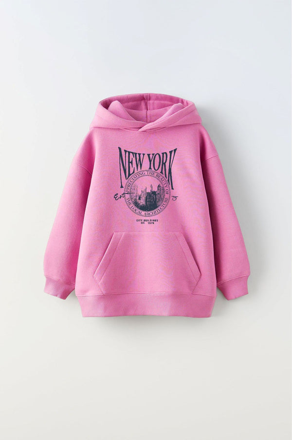 Kapüşonlu İçi Polar New York Yazı Baskılı Pembe Unisex Çocuk Hoodie Sweatshirt