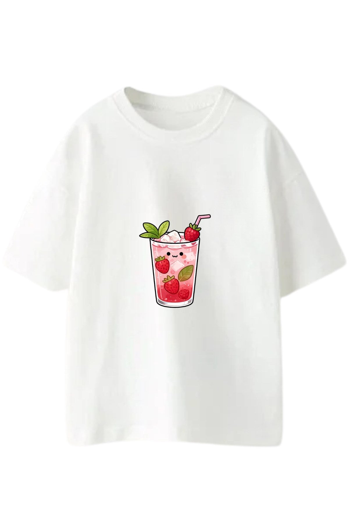 Kız Çocuk Oversize Tişört Strawberry Pop Baskılı Beyaz – Bisiklet Yaka, Rahat Kalıp, %100 Pamuk