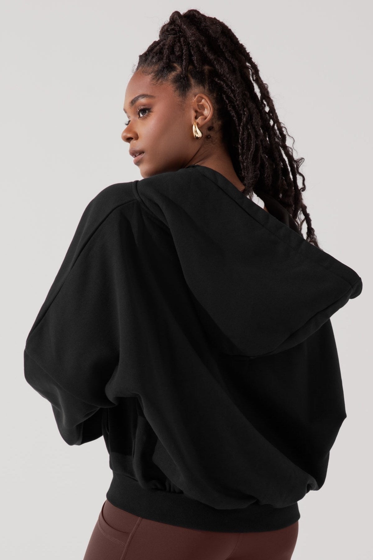 Kadın Siyah Kapüşonlu Ceket Sweatshirt Fermuarlı 3 İplik Şardonlu Oversize Kesim