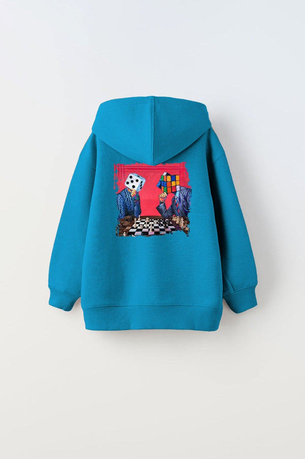 Kapüşonlu İçi Polar Satranç Baskılı Mavi Unisex Çocuk Hoodie Sweatshirt