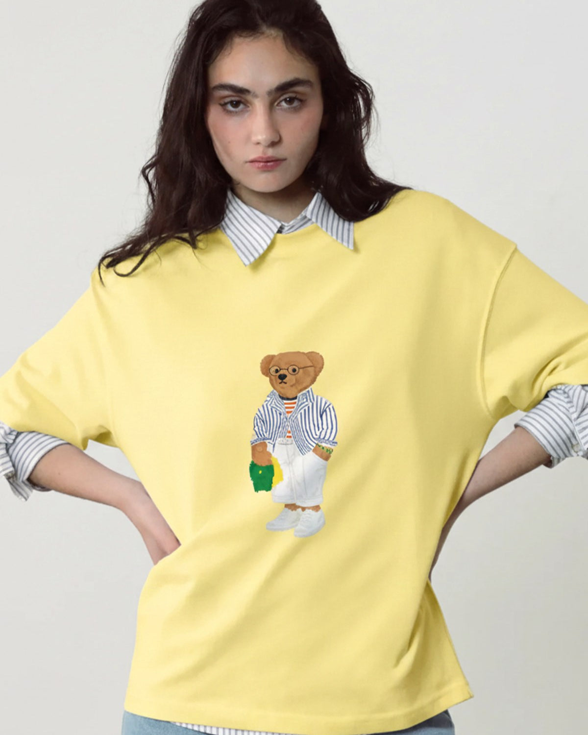Kadın Oversize Tişört Bambino Bear Baskılı Sarı – Bisiklet Yaka, Rahat Kalıp, %100 Pamuk