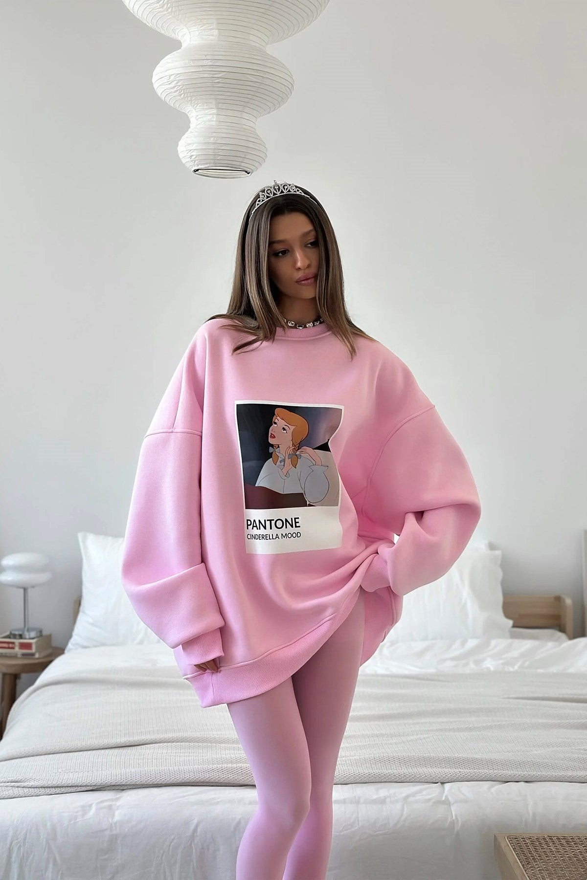 Kadın Oversize Sweat Elbise Pembe – 3 İplik Şardonlu , Bisiklet Yaka, Pantone – prenses baskılı