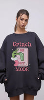 Kadın Oversize Sweatshirt Elbise Grinch Mode Baskılı Füme – Bisiklet Yaka, 3 İplik Şardonlu Polar