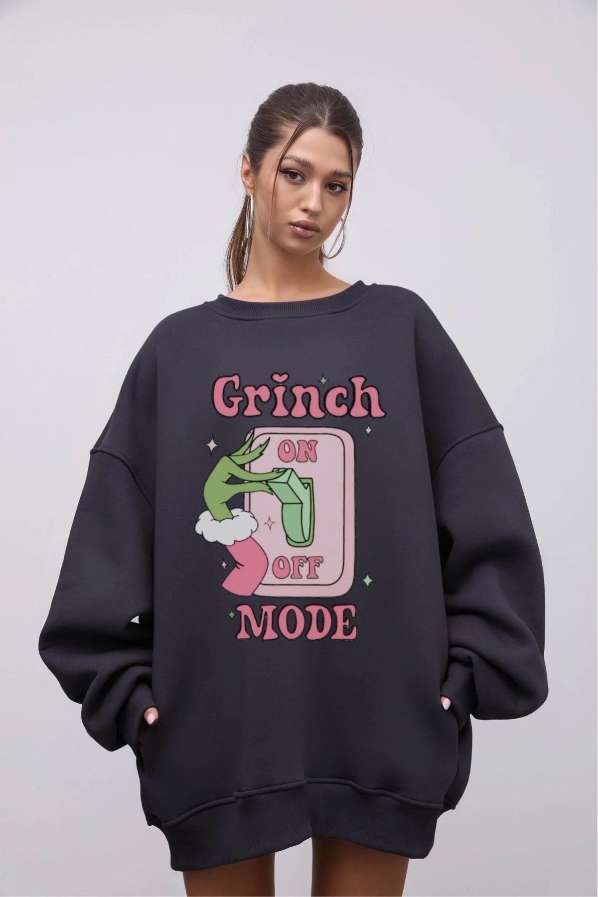 Kadın Oversize Sweatshirt Elbise Grinch Mode Baskılı Füme – Bisiklet Yaka, 3 İplik Şardonlu Polar