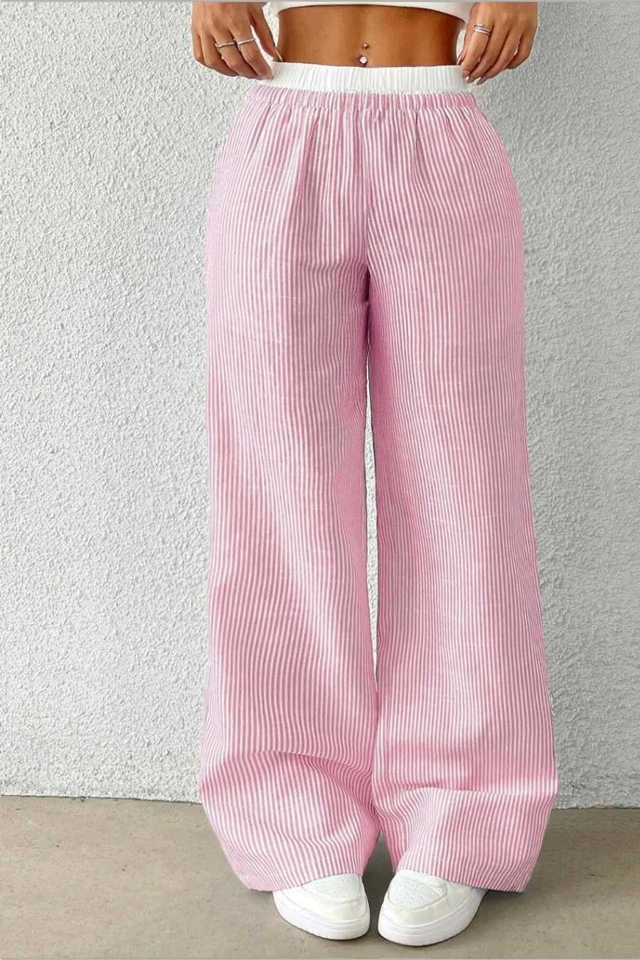 Kadın Pembe Çizgili Poplin Dokuma Pantolon – Yüksek Bel Lastikli Bol Paça Rahat Model