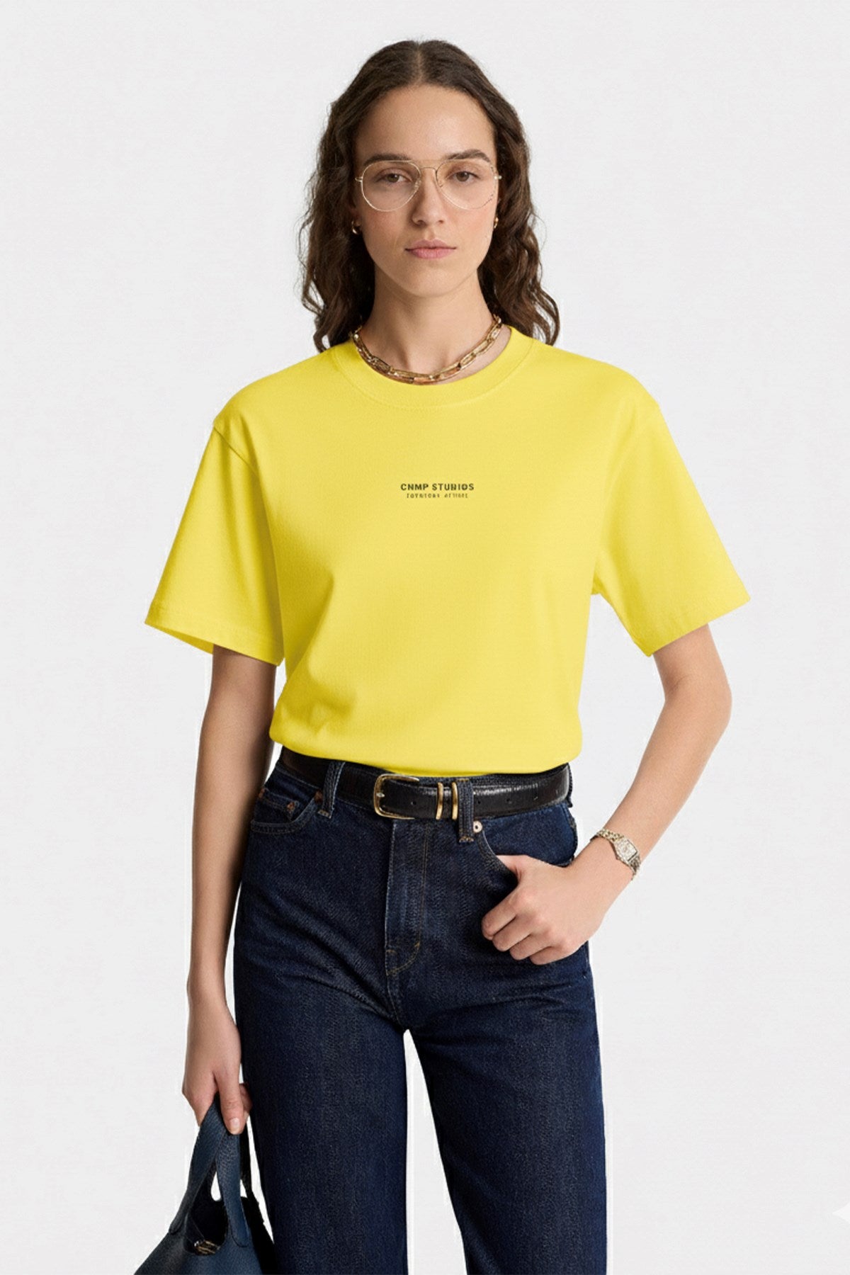 Kadın Oversize Tişört CHMP STUDIOS Baskılı Sarı – Bisiklet Yaka, %100 Pamuk Compact Süprem 24/1