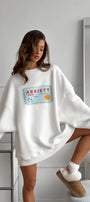 Kadın Oversize Sweatshirt Elbise Anxiety Bar Baskılı Beyaz – Bisiklet Yaka, 3 İplik Şardonlu Polar