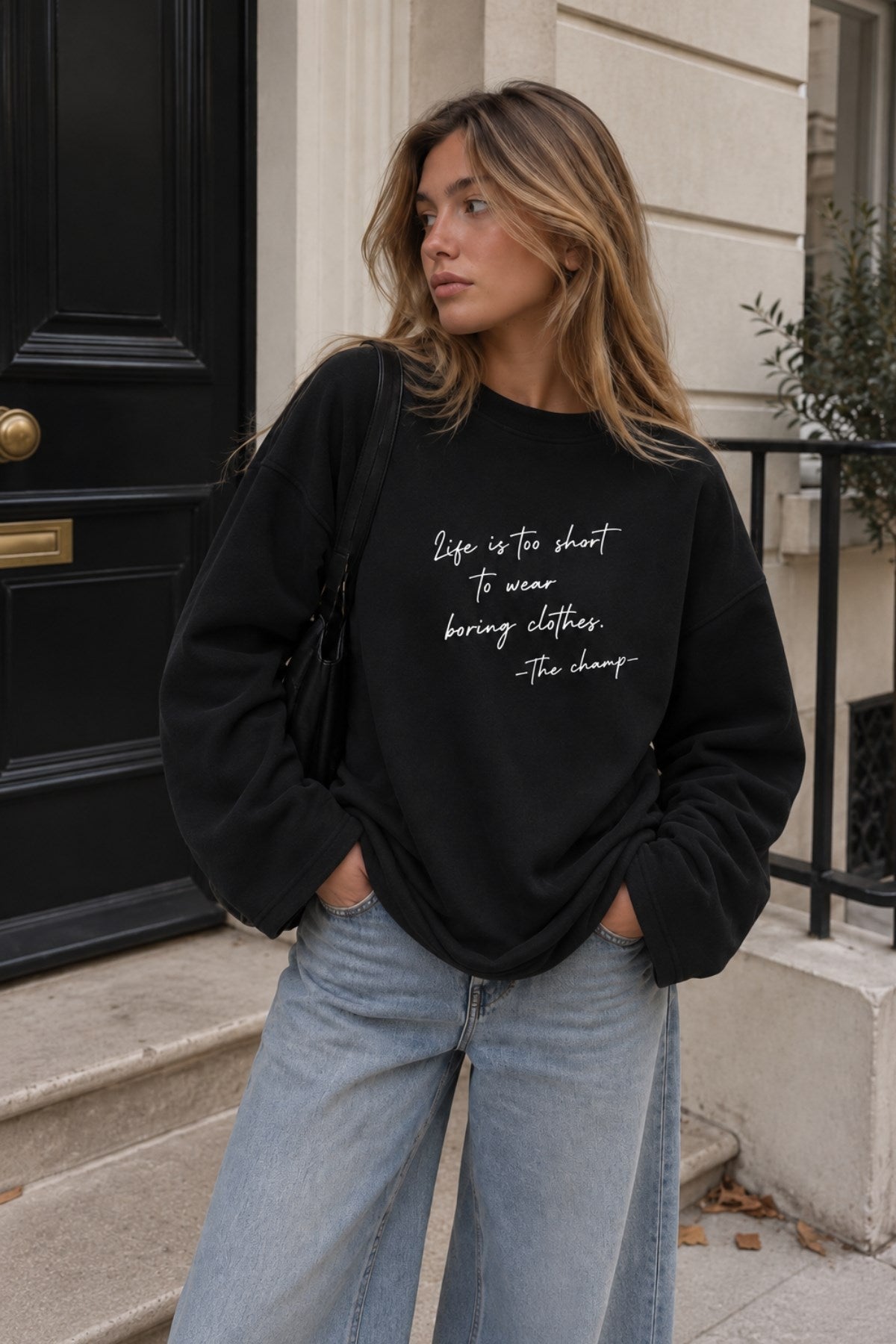 Kadın Relaxed Fit Sweatshirt Life Is Too Short Baskılı Siyah – Bisiklet Yaka, 3 İplik Şardonsuz