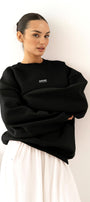 Kadın Oversize Sweatshirt AMORE Siyah – Bisiklet Yaka, 3 İplik Şardounlu Polar