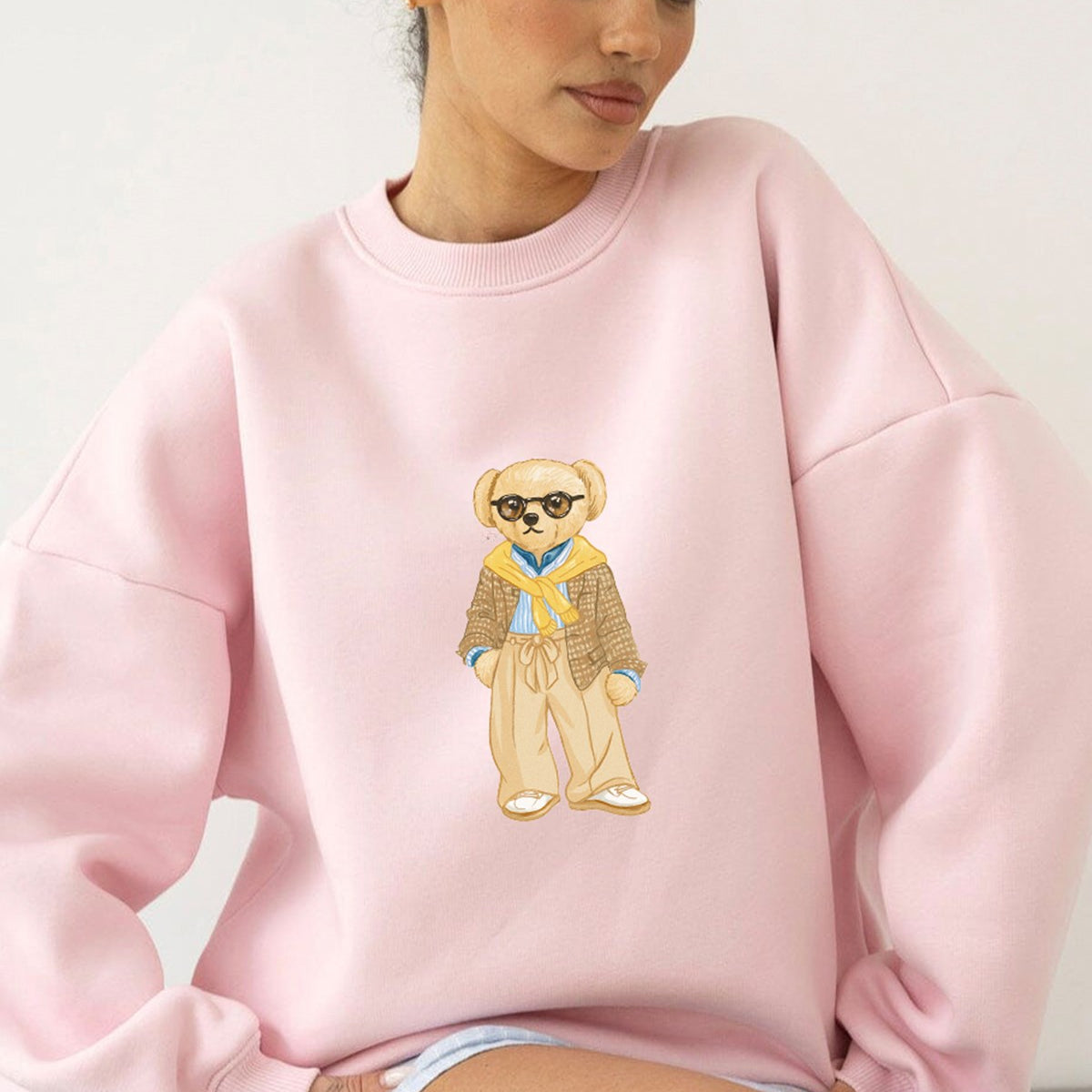 Kadın Oversize Sweatshirt Gentleman Bear Baskılı Pembe – Bisiklet Yaka, 3 İplik Şardonlu
