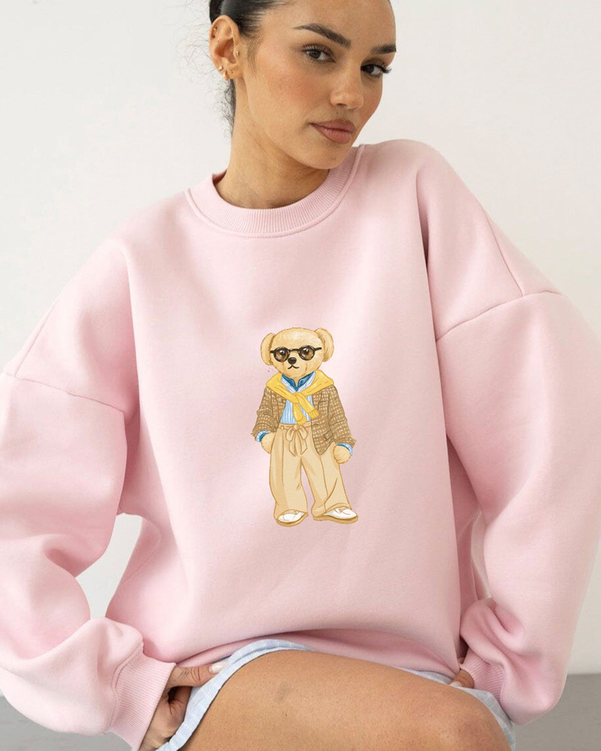 Kadın Oversize Sweatshirt Gentleman Bear Baskılı Pembe – Bisiklet Yaka, 3 İplik Şardonlu