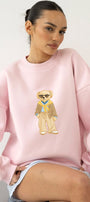 Kadın Oversize Sweatshirt Gentleman Bear Baskılı Pembe – Bisiklet Yaka, 3 İplik Şardonlu