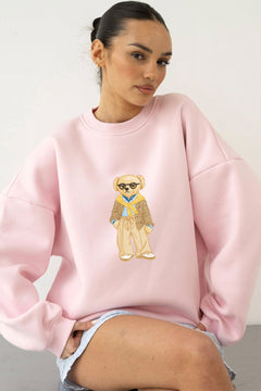Kadın Oversize Sweatshirt Gentleman Bear Baskılı Pembe – Bisiklet Yaka, 3 İplik Şardonlu