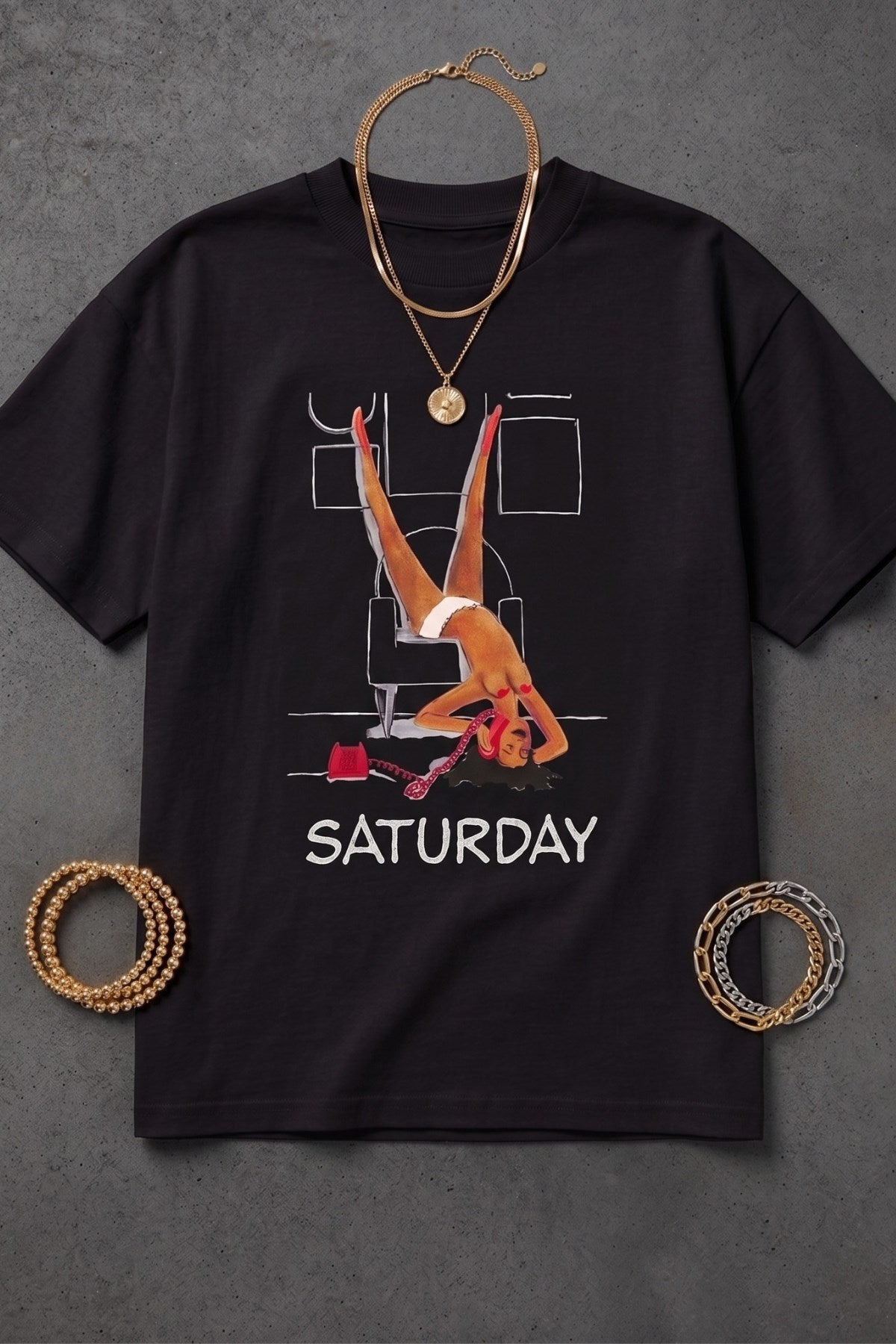 Kadın Oversize Tişört Weekend Mood Baskılı Siyah – Bisiklet Yaka, Rahat Kalıp, %100 Pamuk
