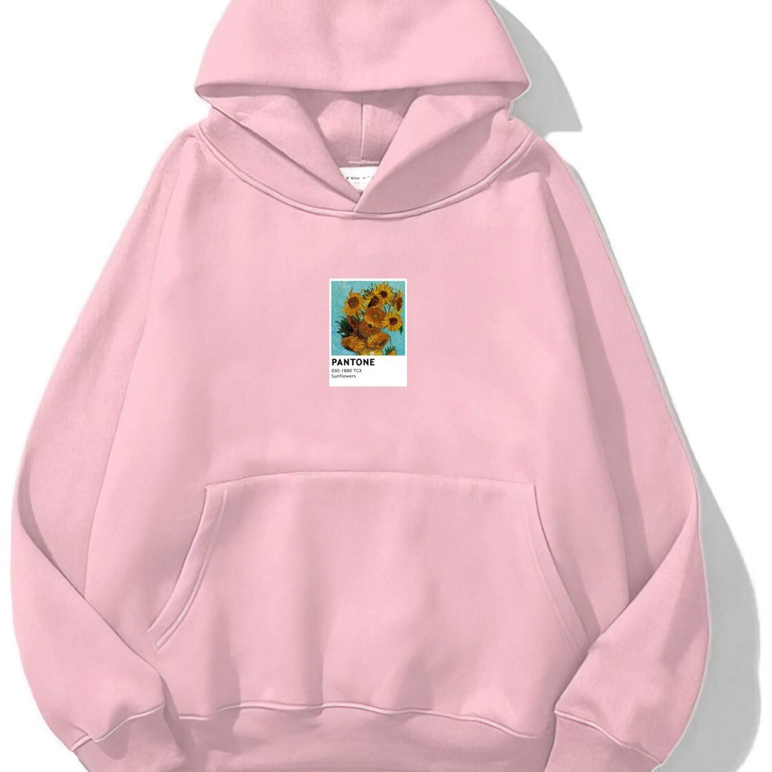 Kapüşonlu İçi Polar Sunflowers Baskılı Pembe Unisex Oversize Hoodie Sweatshirt