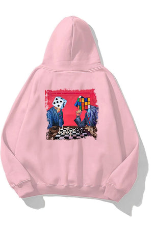 Kapüşonlu İçi Polar Satranç Baskılı Pembe Unisex Oversize Hoodie Sweatshirt