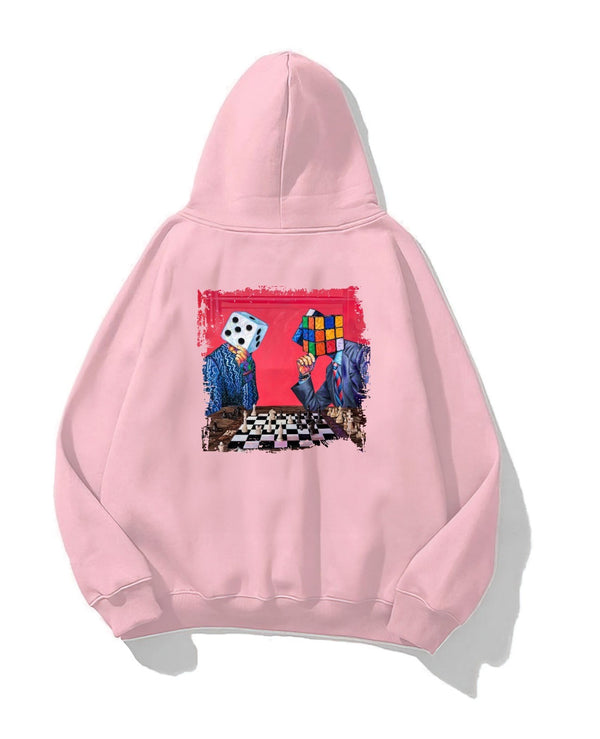 Kapüşonlu İçi Polar Satranç Baskılı Pembe Unisex Oversize Hoodie Sweatshirt