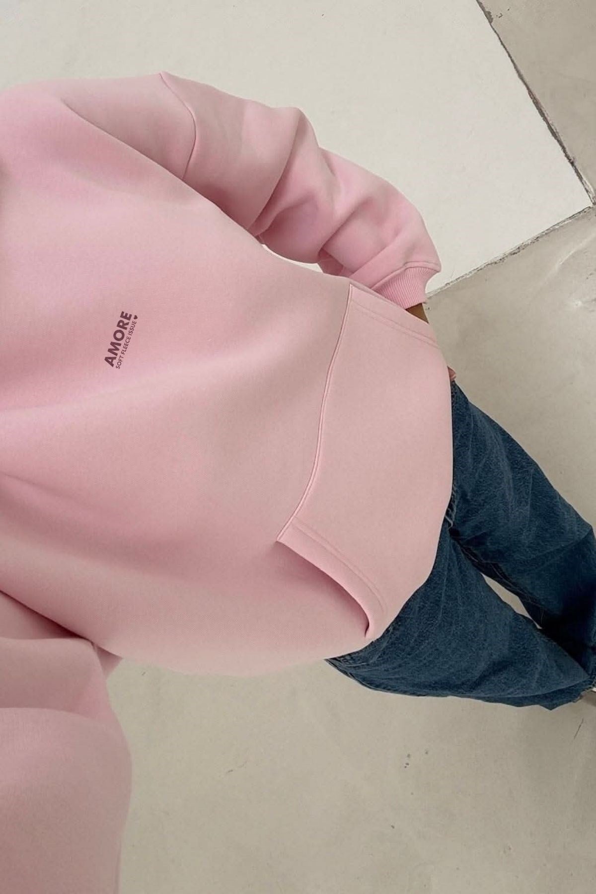 Kadın Oversize Sweatshirt Hoodie AMORE Pembe – Kapüşonlu, 3 İplik Polar, Kanguru Cepli