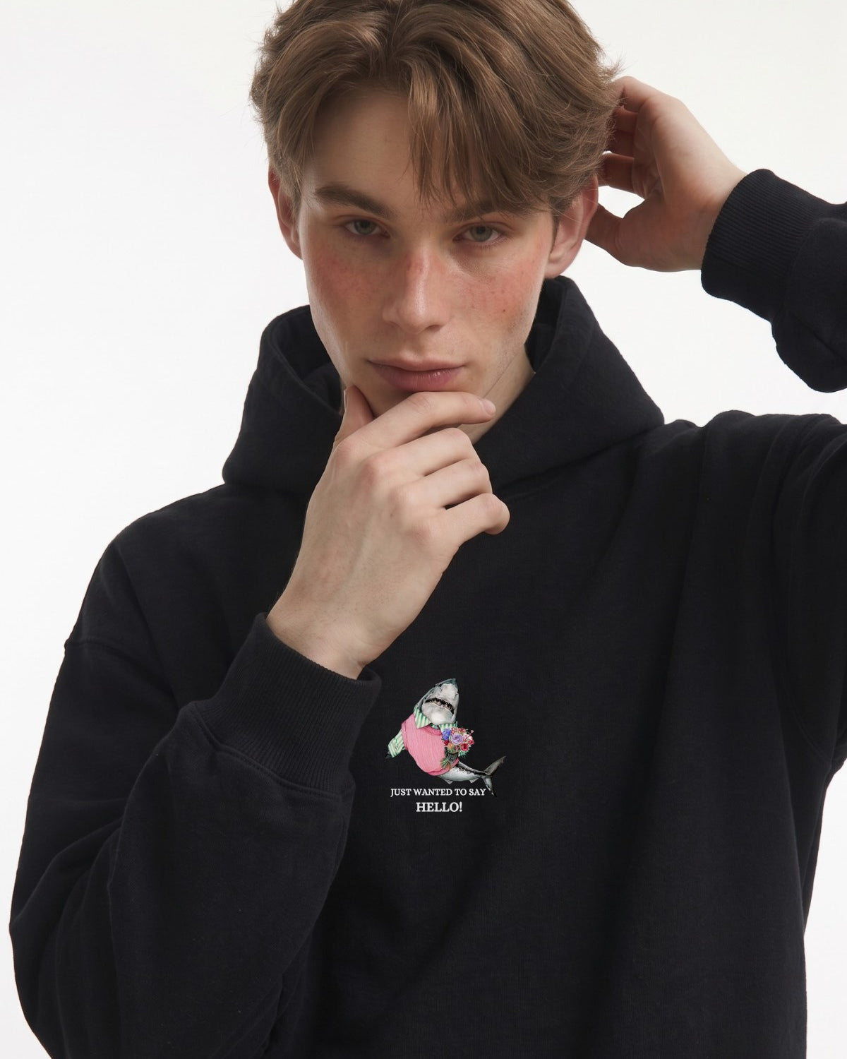 Erkek Oversize Sweatshirt Hoodie Shark Hello Siyah – Kapüşonlu, 3 İplik Polar, Kanguru Cepli