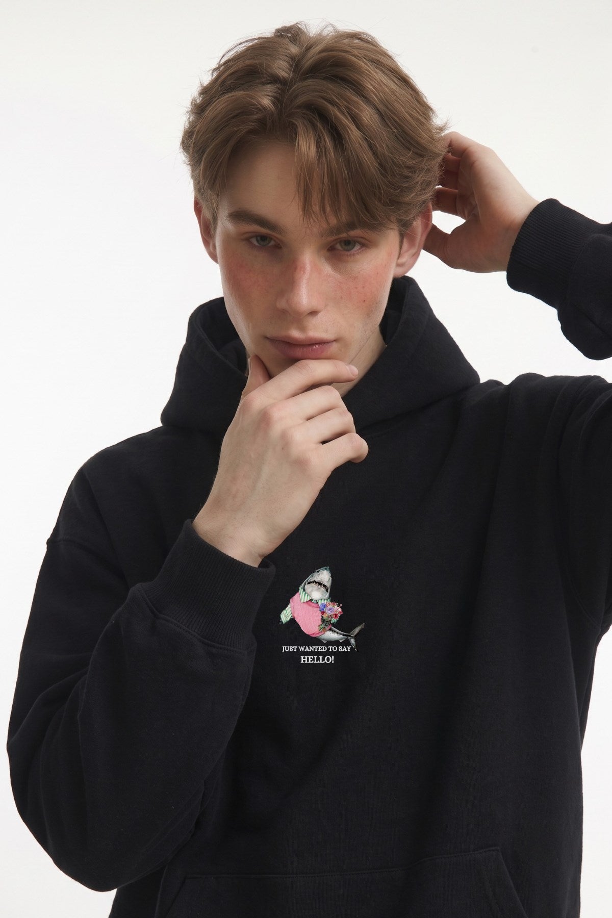 Erkek Oversize Sweatshirt Hoodie Shark Hello Siyah – Kapüşonlu, 3 İplik Polar, Kanguru Cepli