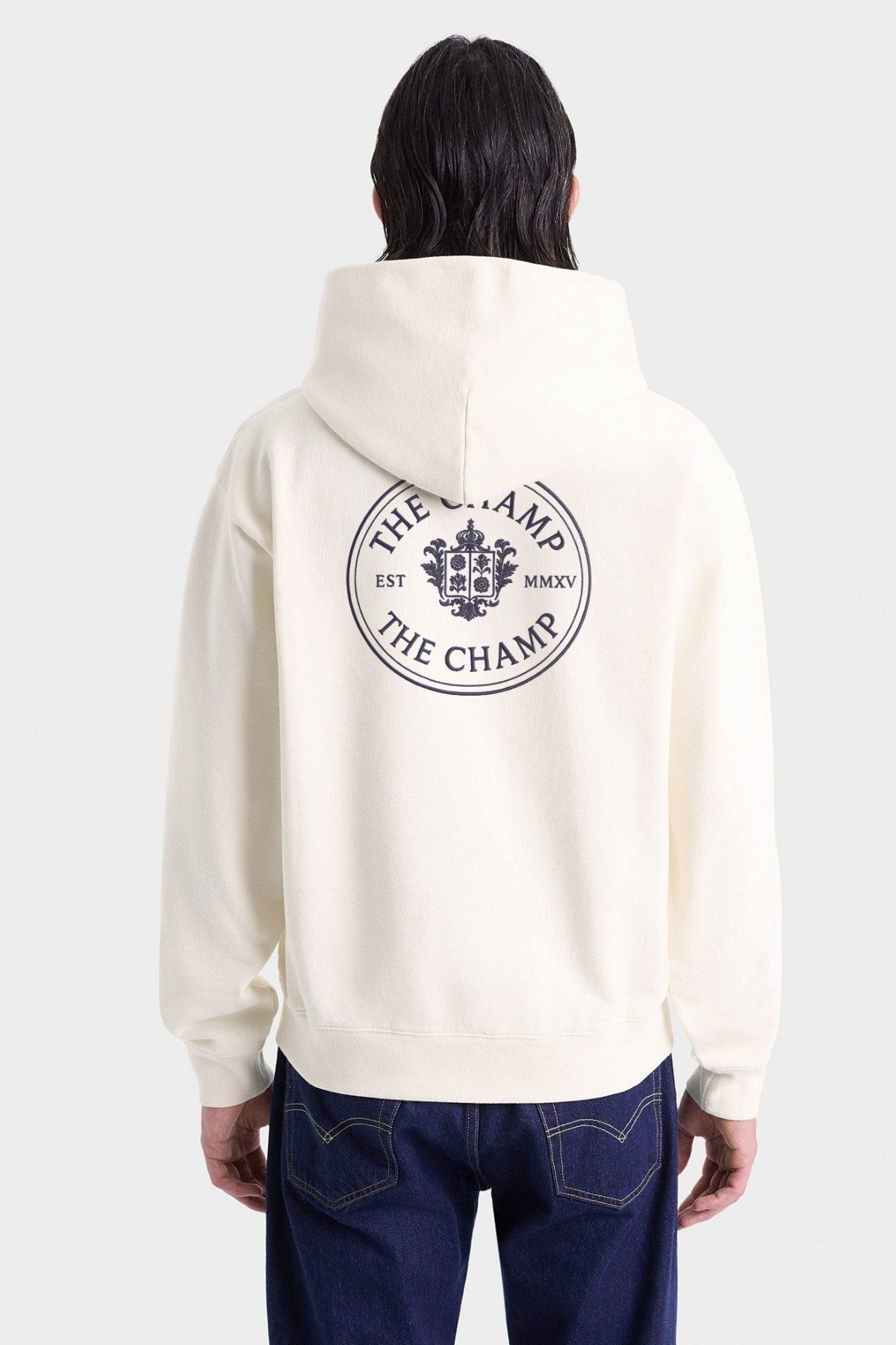 Unisex 3 İplik Şardonlu Ekru Kapüşonlu Sweatshirt – The Champ Baskılı, Armalı, Modern Şehir Modası