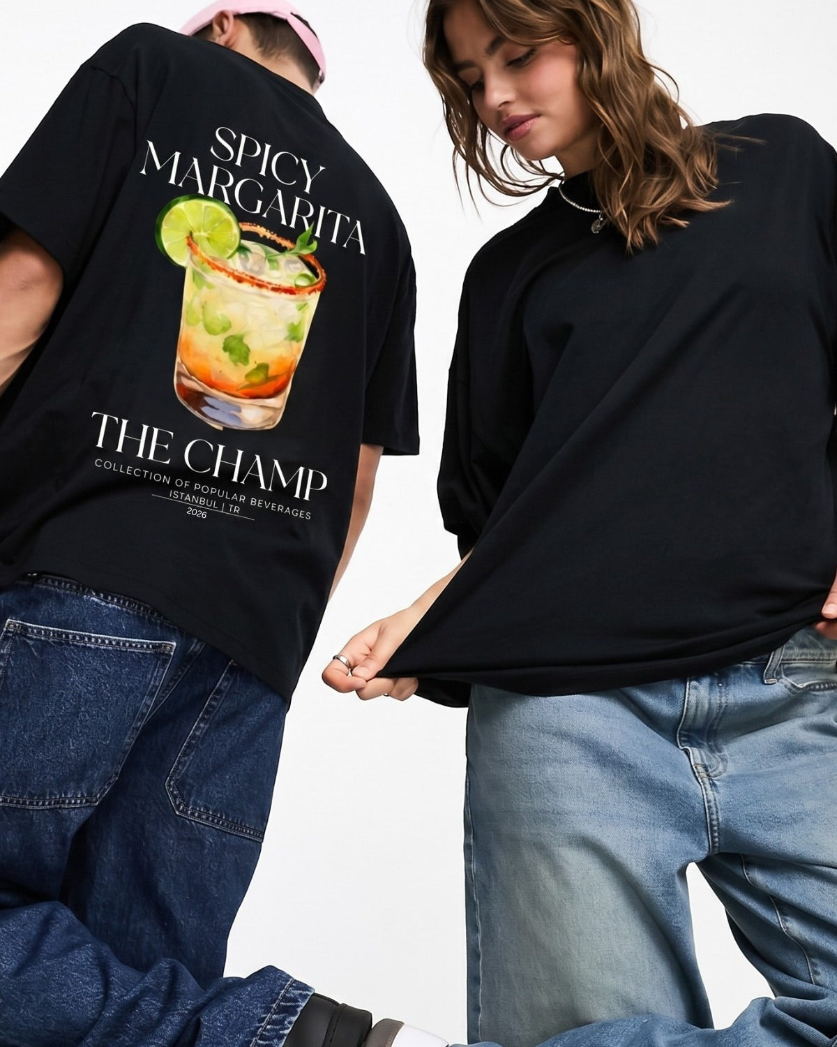 Unisex Oversize Tişört Spicy Margarita Baskılı Siyah – Bisiklet Yaka, Rahat Kalıp, %100 Pamuk