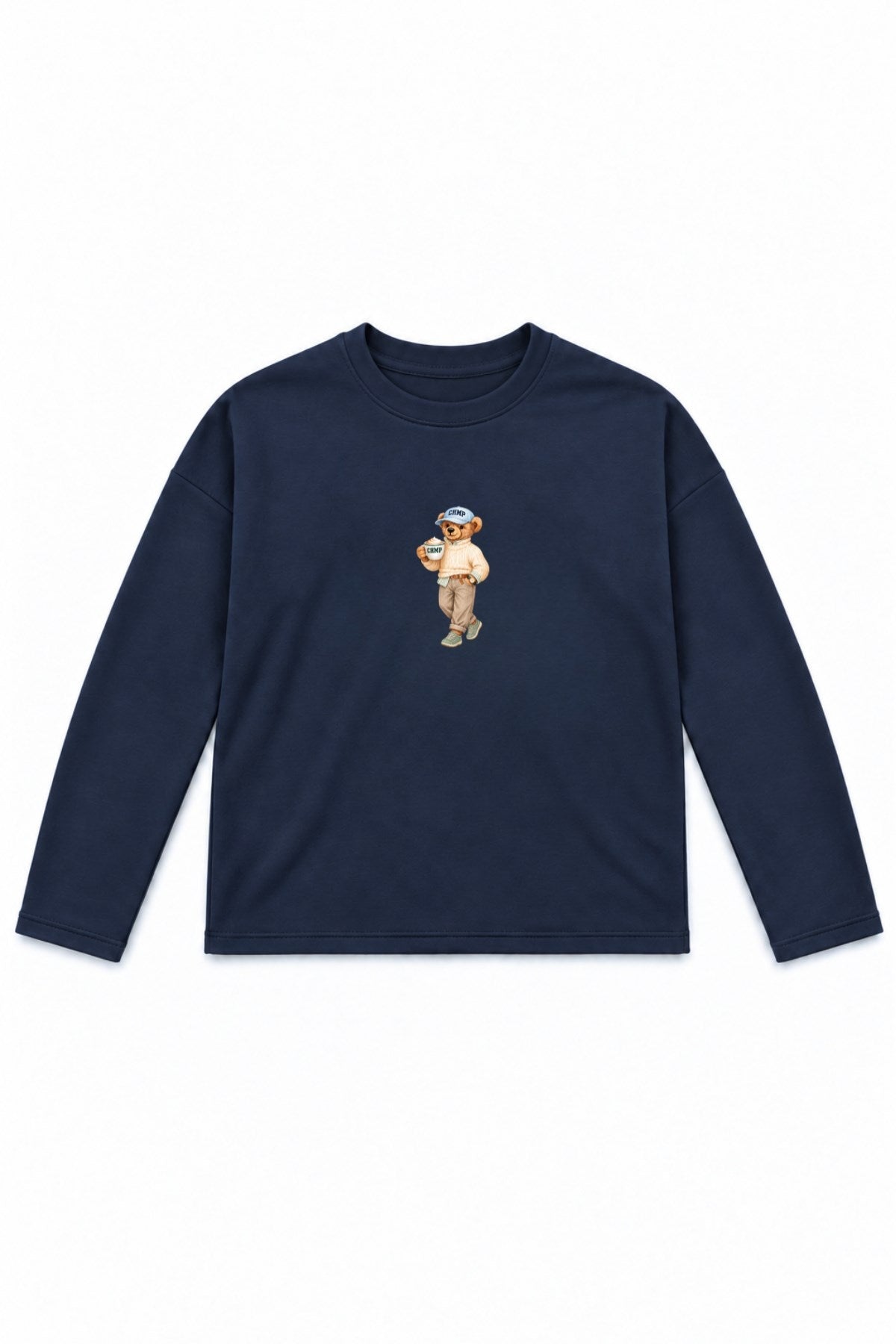 Kadın Relaxed Fit Sweatshirt Coffee Bear Baskılı Lacivert – Bisiklet Yaka, 3 İplik Şardonsuz