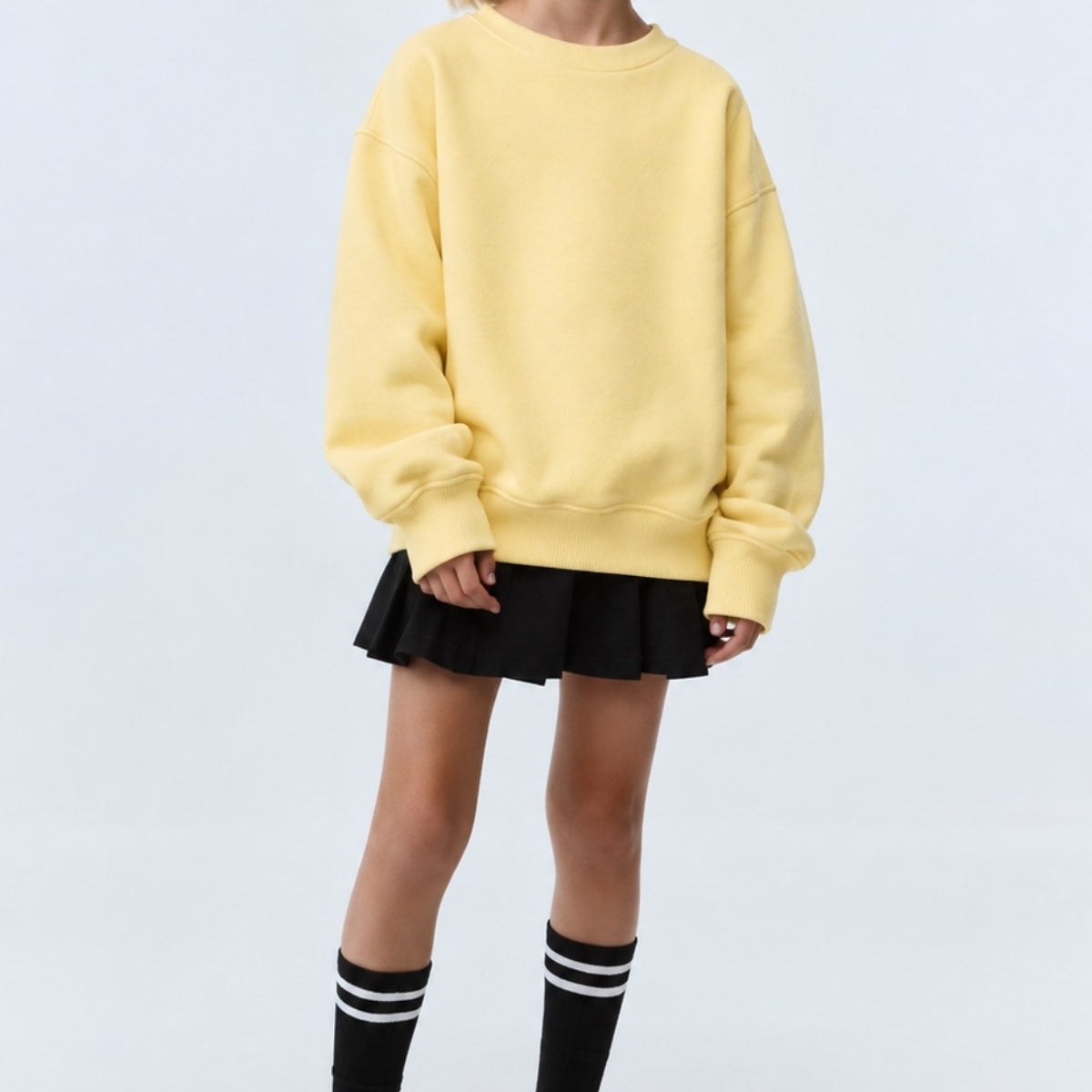 Kız Çocuk Oversize Sweatshirt Basic Sarı – Bisiklet yaka, 3 iplik şardonlu polar