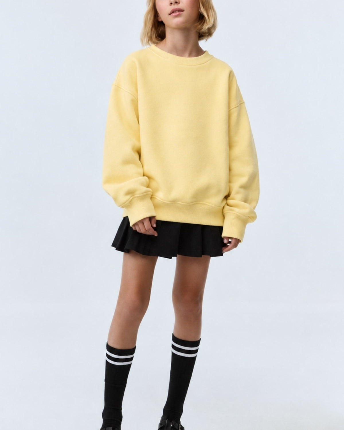 Kız Çocuk Oversize Sweatshirt Basic Sarı – Bisiklet yaka, 3 iplik şardonlu polar