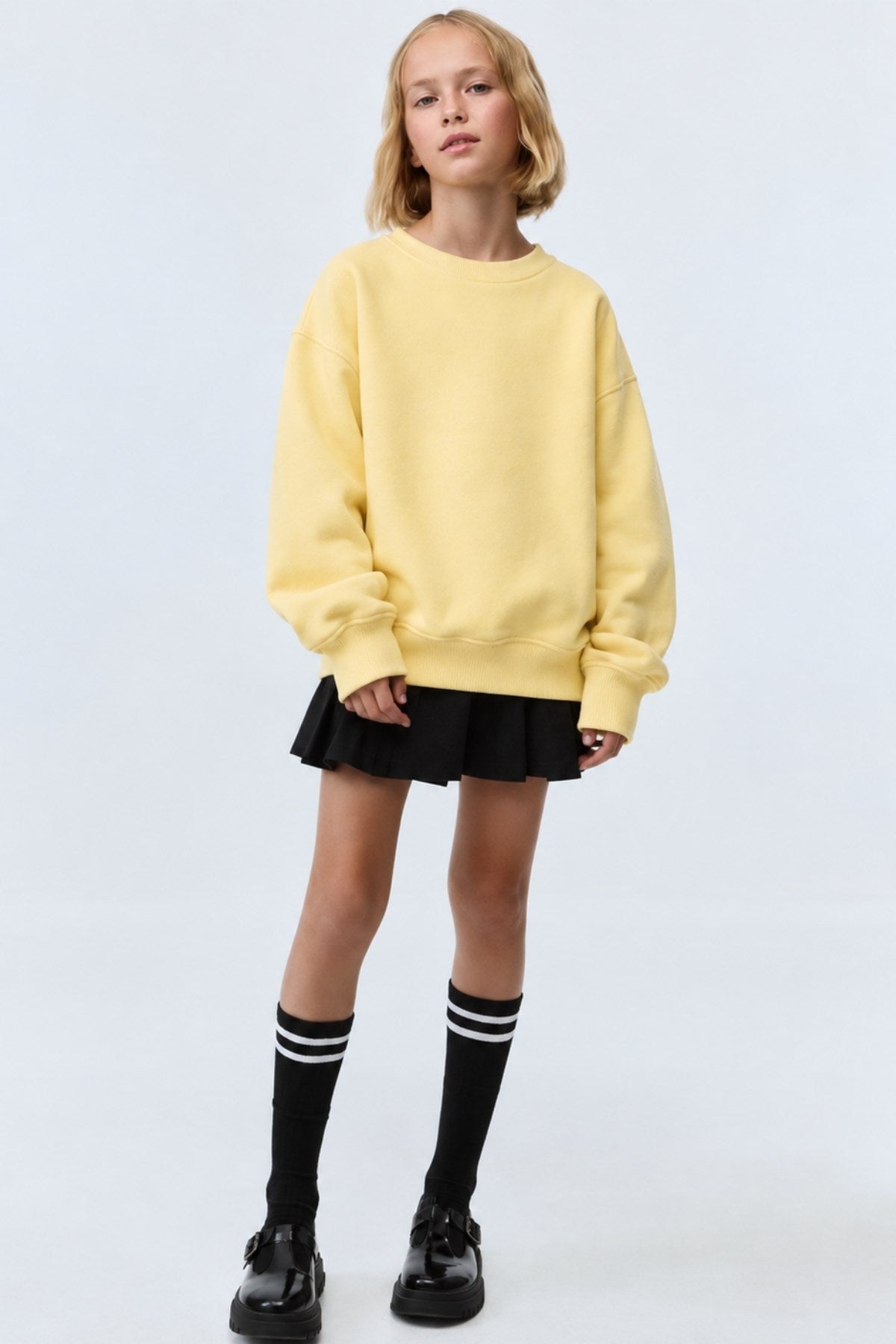 Kız Çocuk Oversize Sweatshirt Basic Sarı – Bisiklet yaka, 3 iplik şardonlu polar