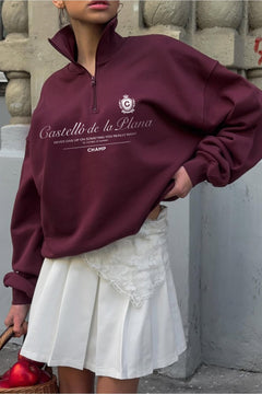 Kadın Oversize Sweatshirt Castelló de la Plana Baskılı Bordo – Yarım Fermuarlı, 3 İplik Polar