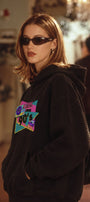 Kadın Oversize Hoodie Back To The 90’s Baskılı Siyah - Kapüşonlu, Kanguru Cepli, 3 İplik Polar