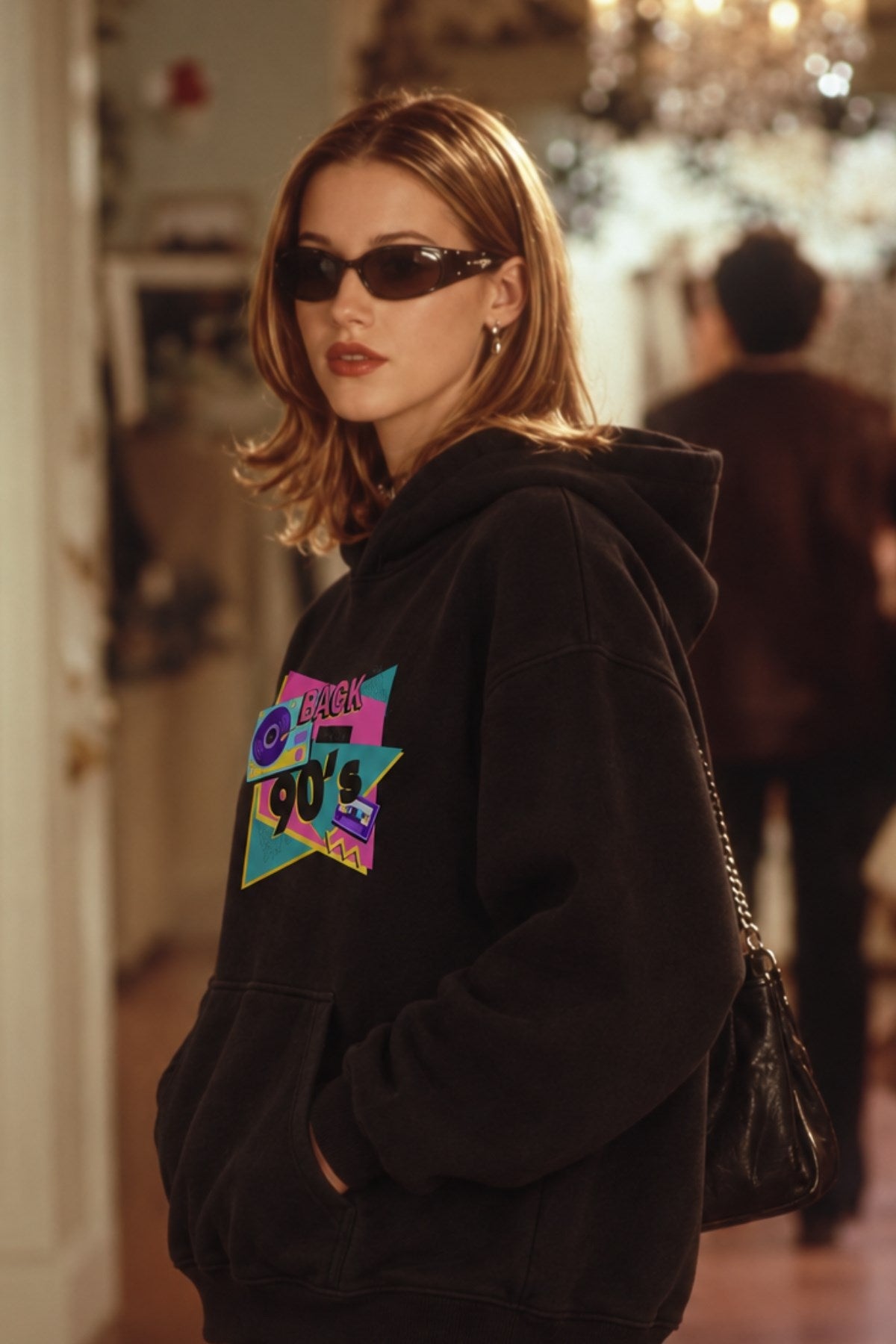 Kadın Oversize Hoodie Back To The 90’s Baskılı Siyah - Kapüşonlu, Kanguru Cepli, 3 İplik Polar