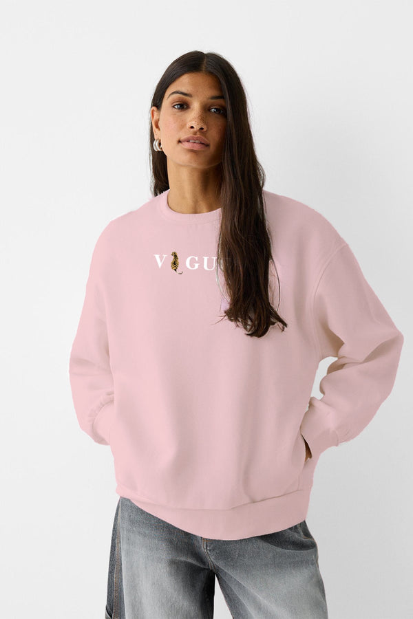 Vogue Yazı Baskılı Bisiklet Yaka İçi Polar Oversize Kesim Unisex Pembe Sweatshirt