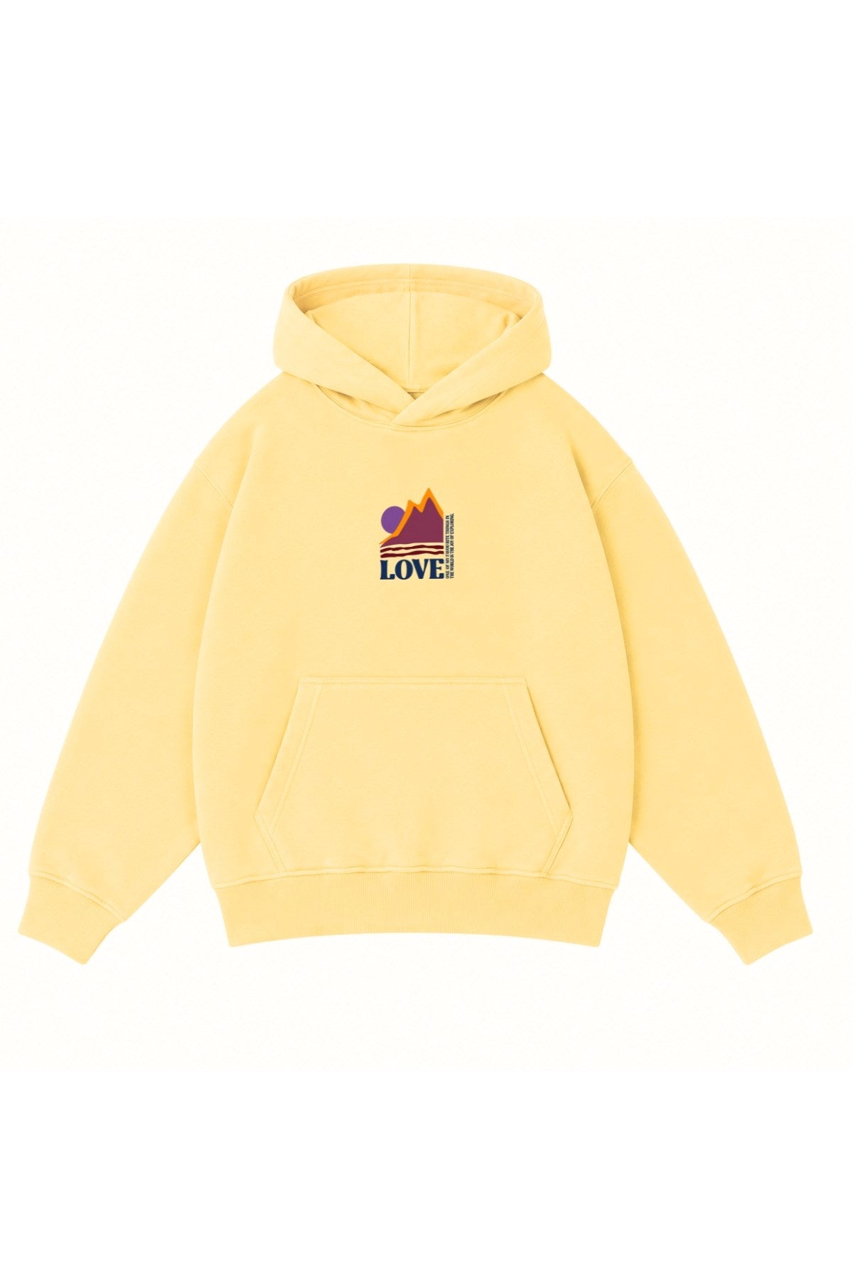 Kız Çocuk Oversize Hoodie Love Mount Baskılı Sarı – Kapüşonlu, Cepli, 3 İplik Polar