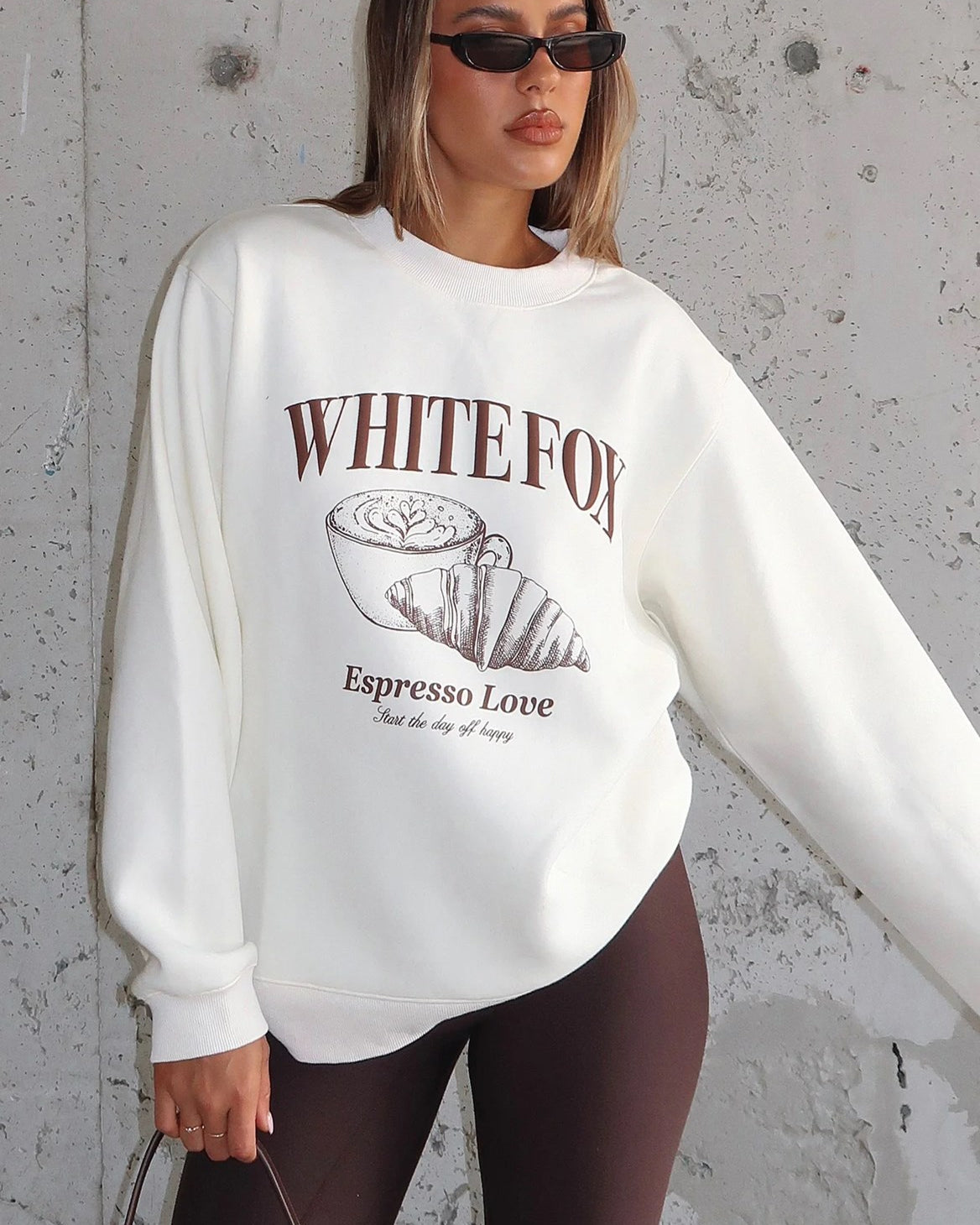 White Fox Krem Kadın Espresso Love Yazılı Bisiklet Yaka Oversize Sweatshirt