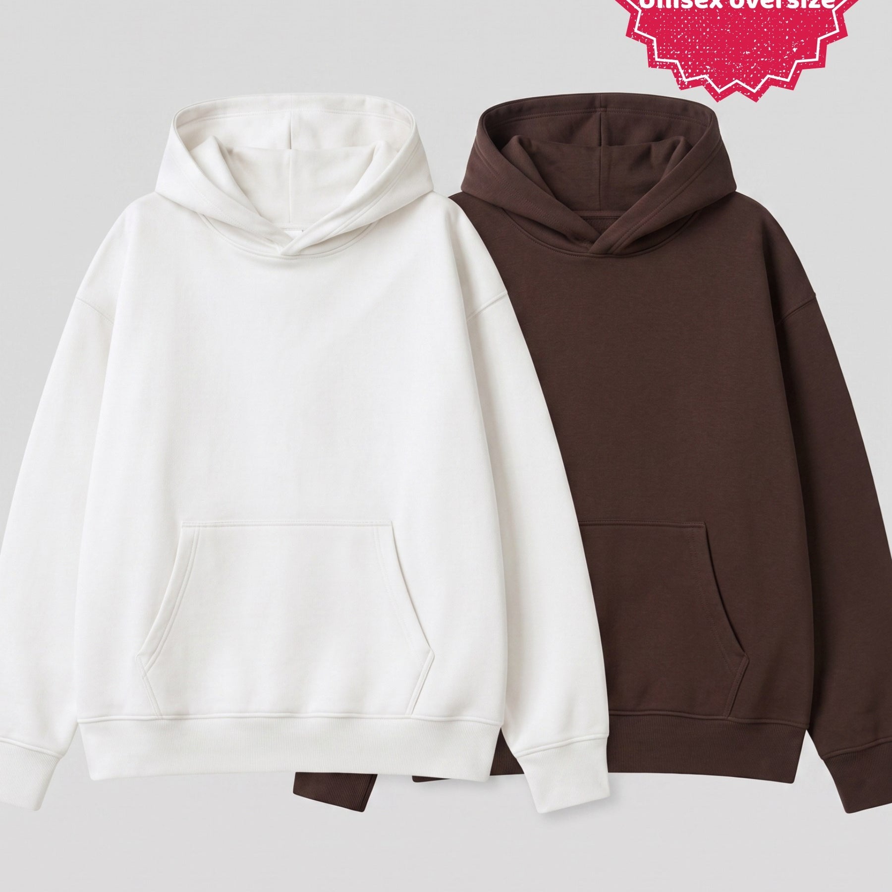 Unisex 2’li Oversize Basic Hoodie Beyaz & Kahverengi – Kapüşonlu, Cepli, 3 İplik Şardonlu Polar