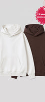 Unisex 2’li Oversize Basic Hoodie Beyaz & Kahverengi – Kapüşonlu, Cepli, 3 İplik Şardonlu Polar