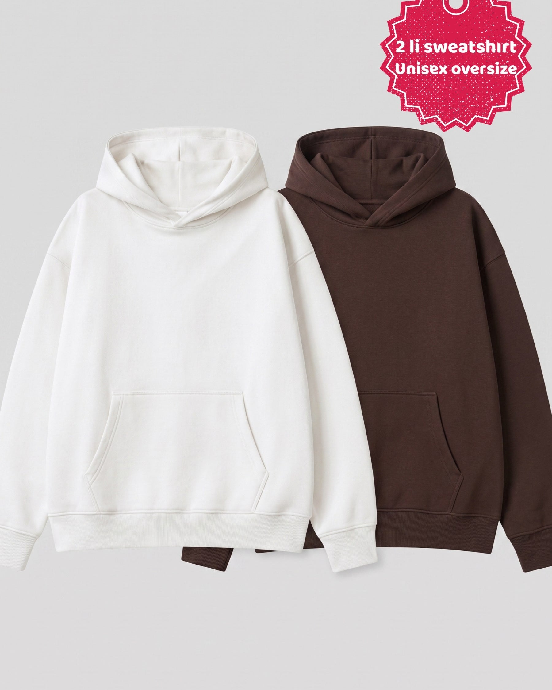 Unisex 2’li Oversize Basic Hoodie Beyaz & Kahverengi – Kapüşonlu, Cepli, 3 İplik Şardonlu Polar